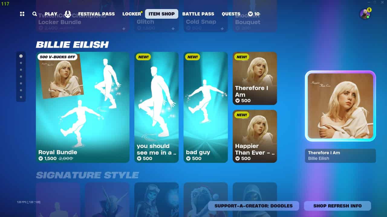 Screenshot of the Fortnite digital store interface featuring Billie Eilish themed music and character items, including avatars and songs, in a video game.