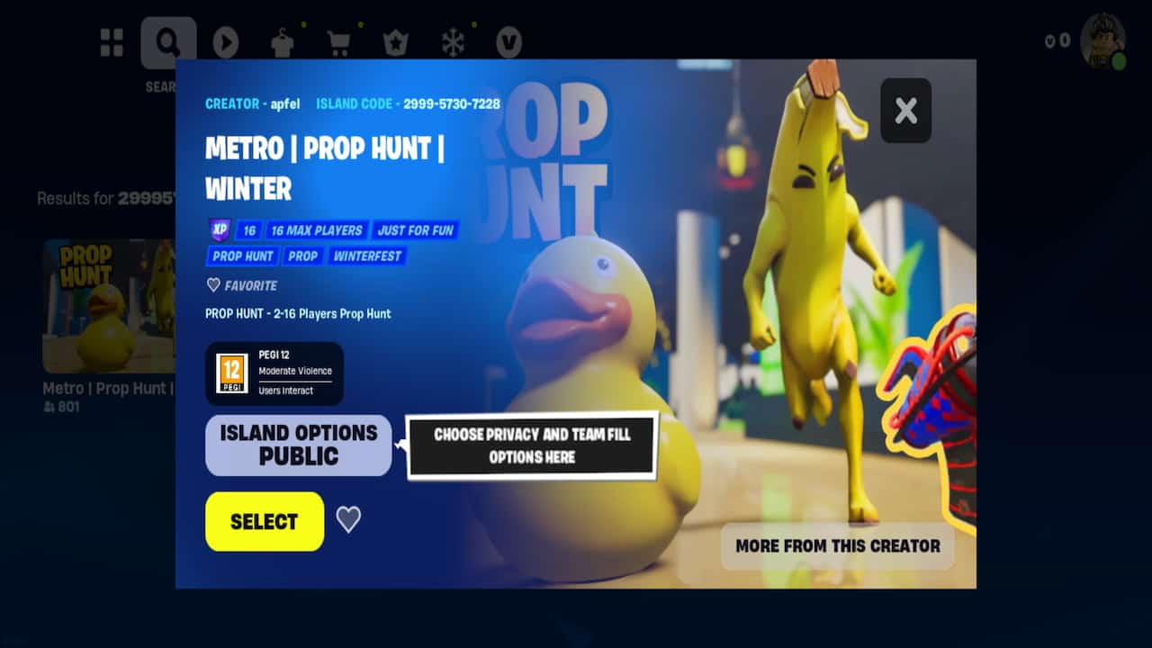 A screenshot of a game featuring a duck on the screen, showcasing one of the 7 best Prop Hunt Fortnite codes in 2024.