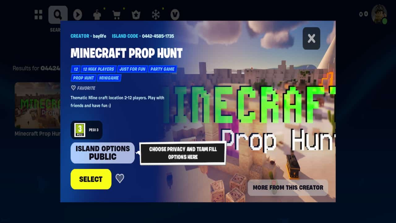 a screenshot showing Fortnite Minecraft prop hunt map
