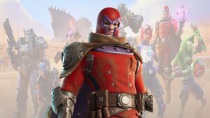 A group of characters in colorful, detailed outfits stand together in a desert-like environment with a large ship in the background. The character in front wears a red helmet and armor reminiscent of Magneto, blending seamlessly into the aesthetic of Fortnite: Chapter 5 Season 3.