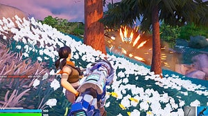Fortnite augments chapter 4 season 3: A player blows up an enemy in the woods by firing a cybertron cannon, causing a large explosion.