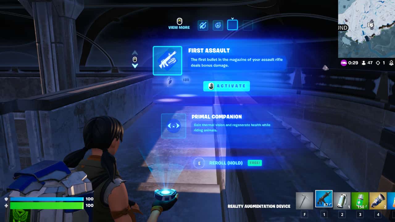 Fortnite augments chapter 4 season 3: A display screen shows two augment options available to a player.