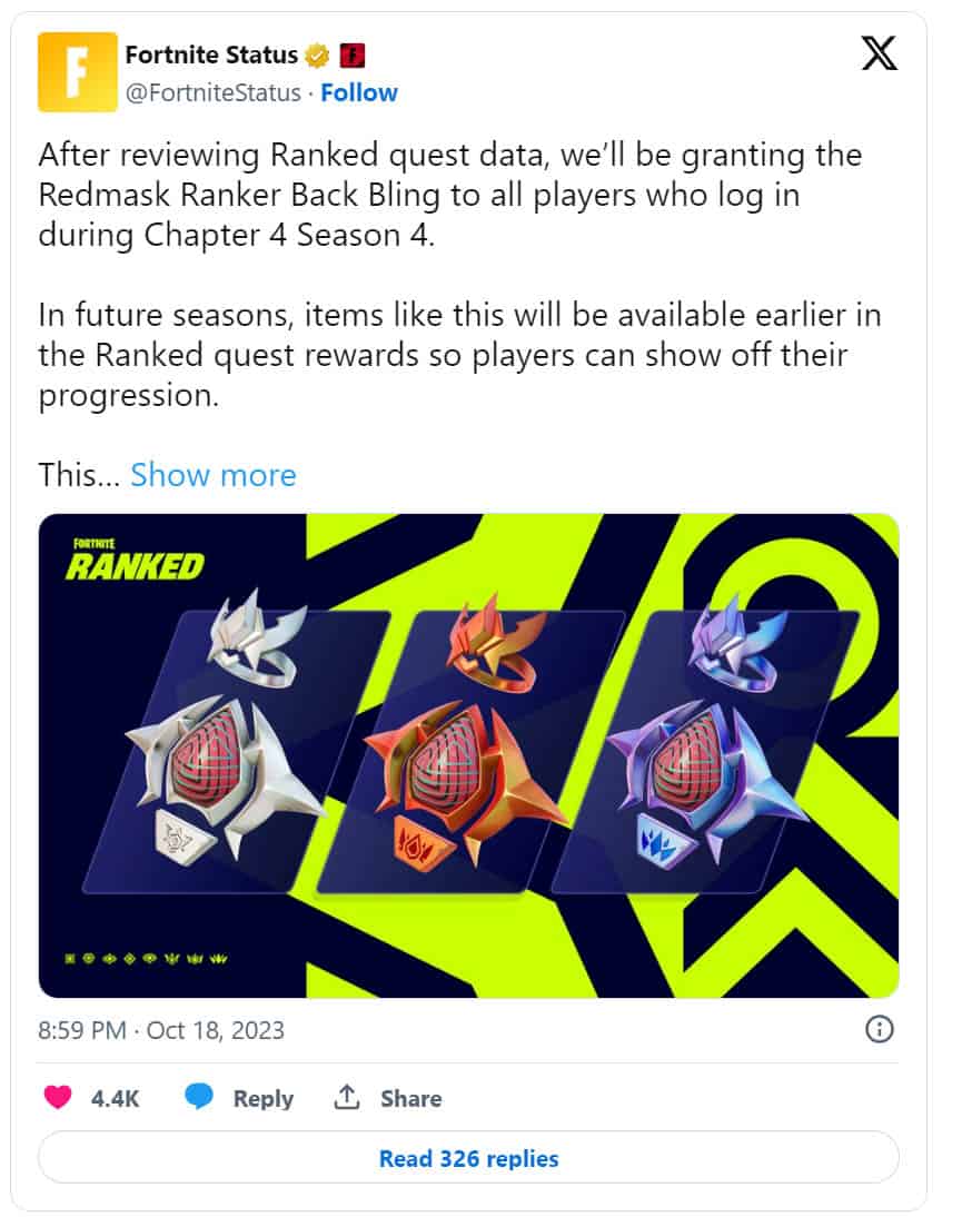 A Tweet showcasing some free back bling for Fortnite