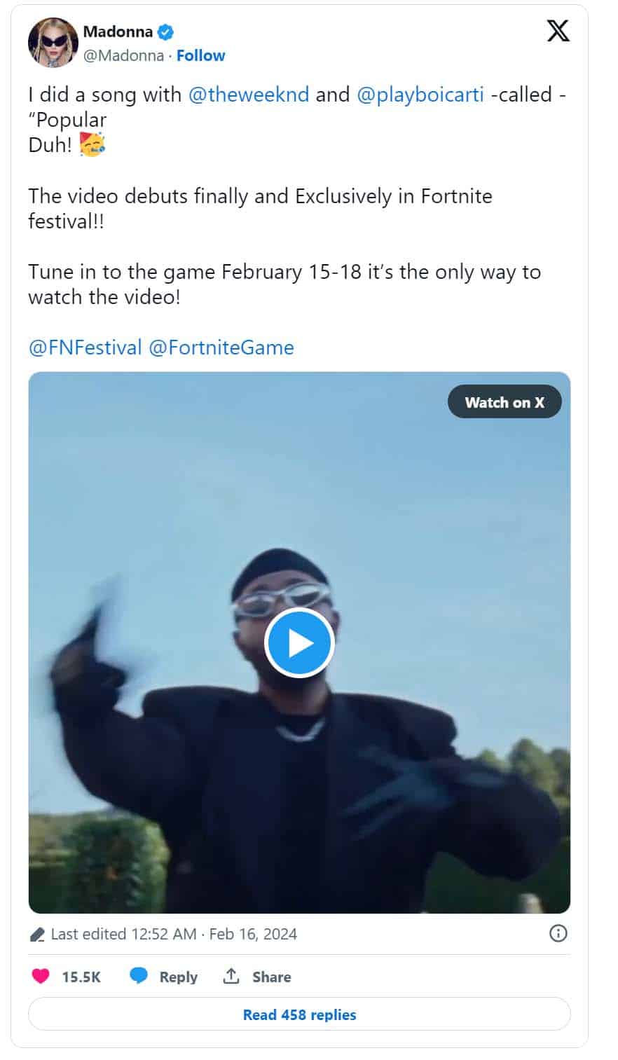 Madonna arrives in a Fortnite Festival video to mark end of its first season, as seen in the screenshot.