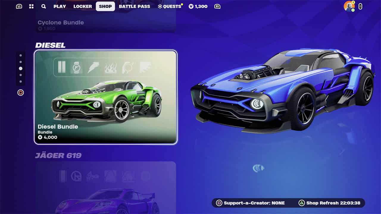 Fortnite fans appalled by exorbitant price of first Rocket Racing bundle featuring car screenshot.