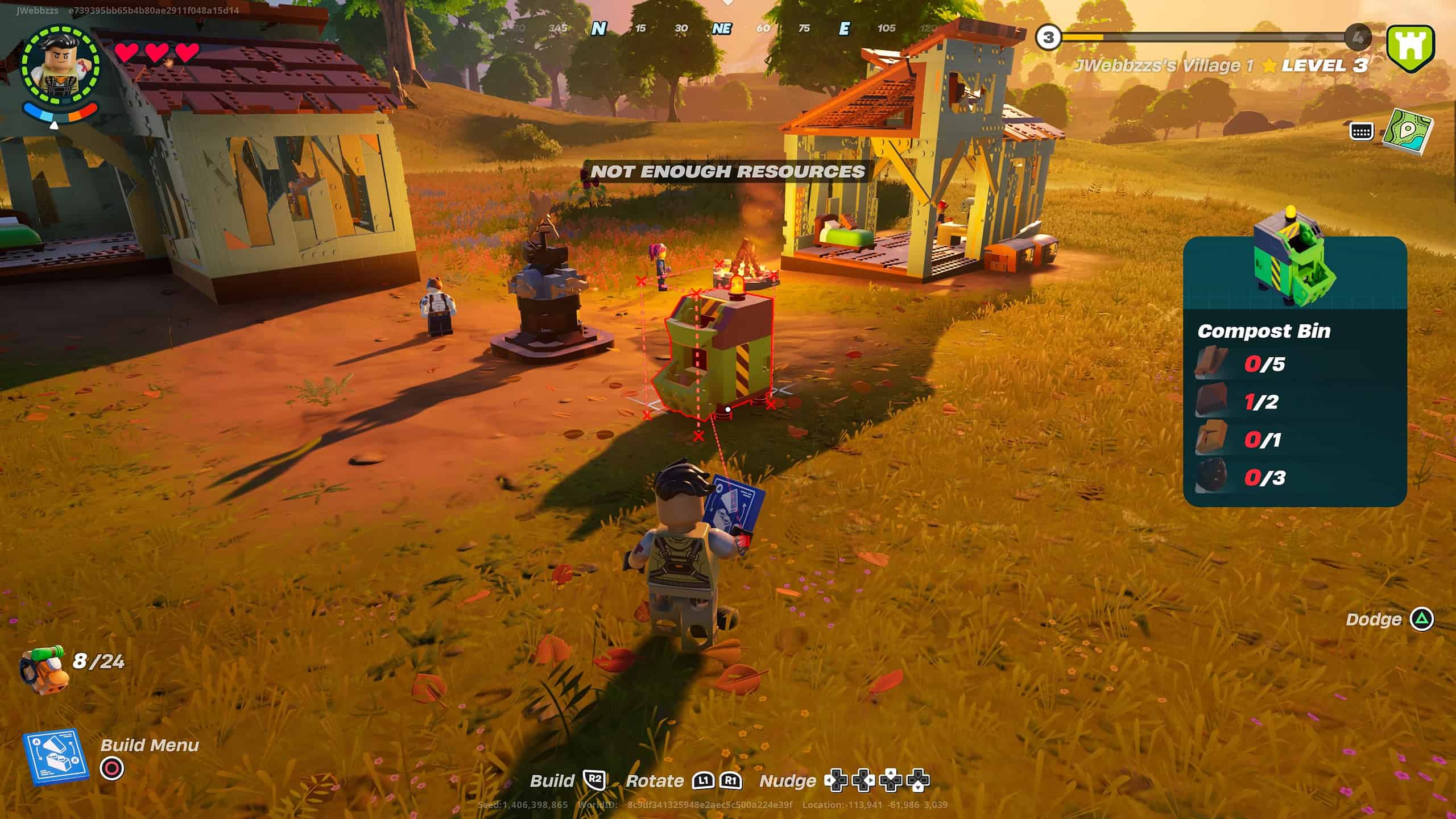 Lego Fortnite how to get Compost Bin: Our character placing the Compost Bin structure in our base.