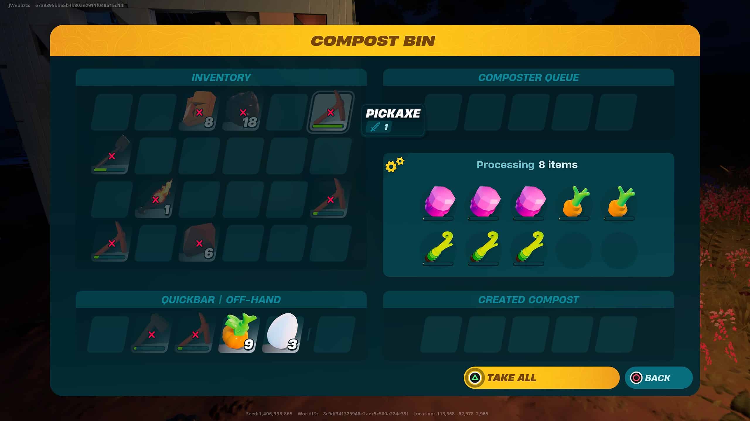 Lego Fortnite how to craft the compost bin: The menu showing the compost bin and putting items into it.