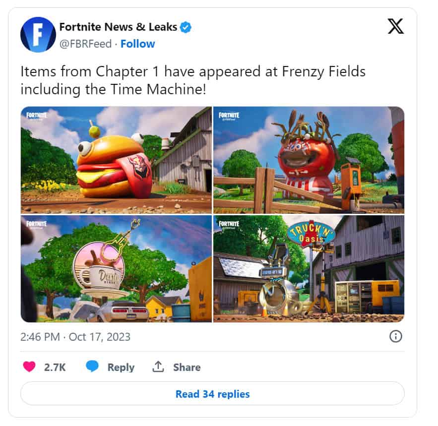 A Twitter post with a picture of a burger and teasers for Fortnite Chapter 1.