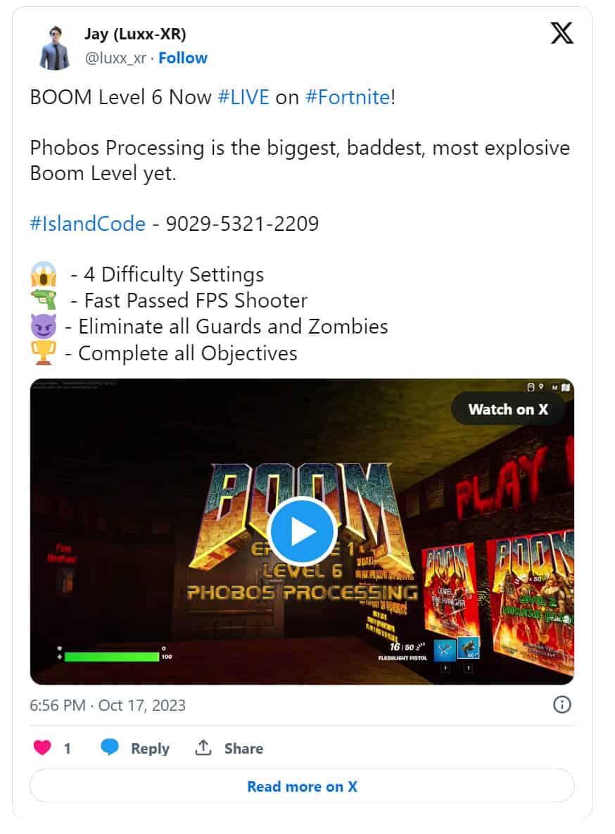 A screenshot of a Tweet showing someone's remade classic Doom in Fortnite.