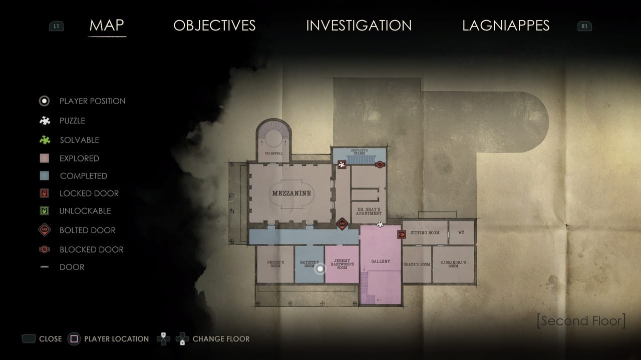 An in-game map screen displaying various locations and icons representing player objectives and points of interest on the second floor of a virtual building in Alone in the Dark: Lagniappe.