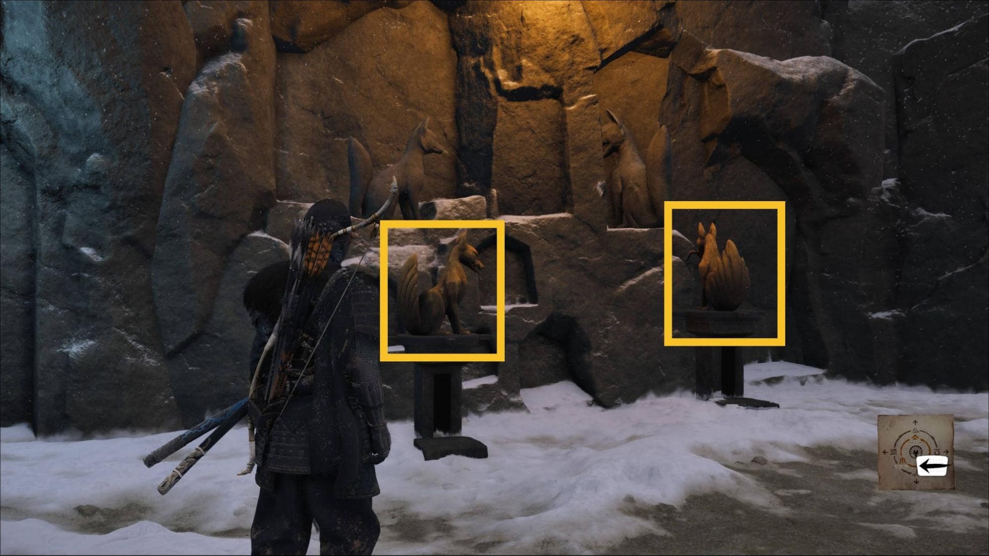 Ghost of Yotei Snow’s Blight Shrine fox positions inside the puzzle cave