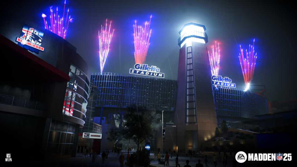 Madden 25 game modes: Gilette Stadium with fireworks.