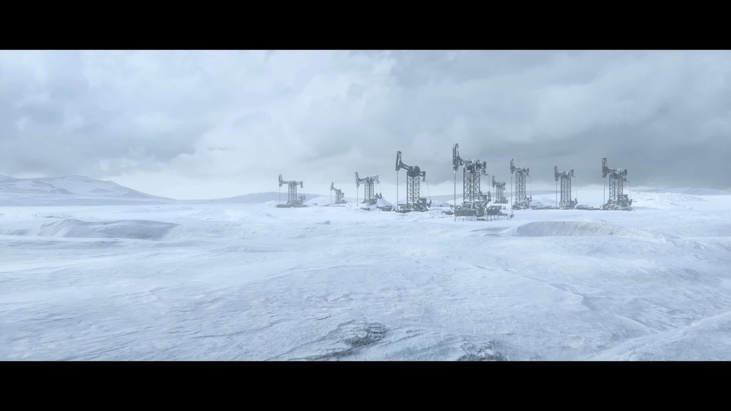 Frostpunk 2 release date: A collection of oil rigs in the middle of a frozen wasteland.