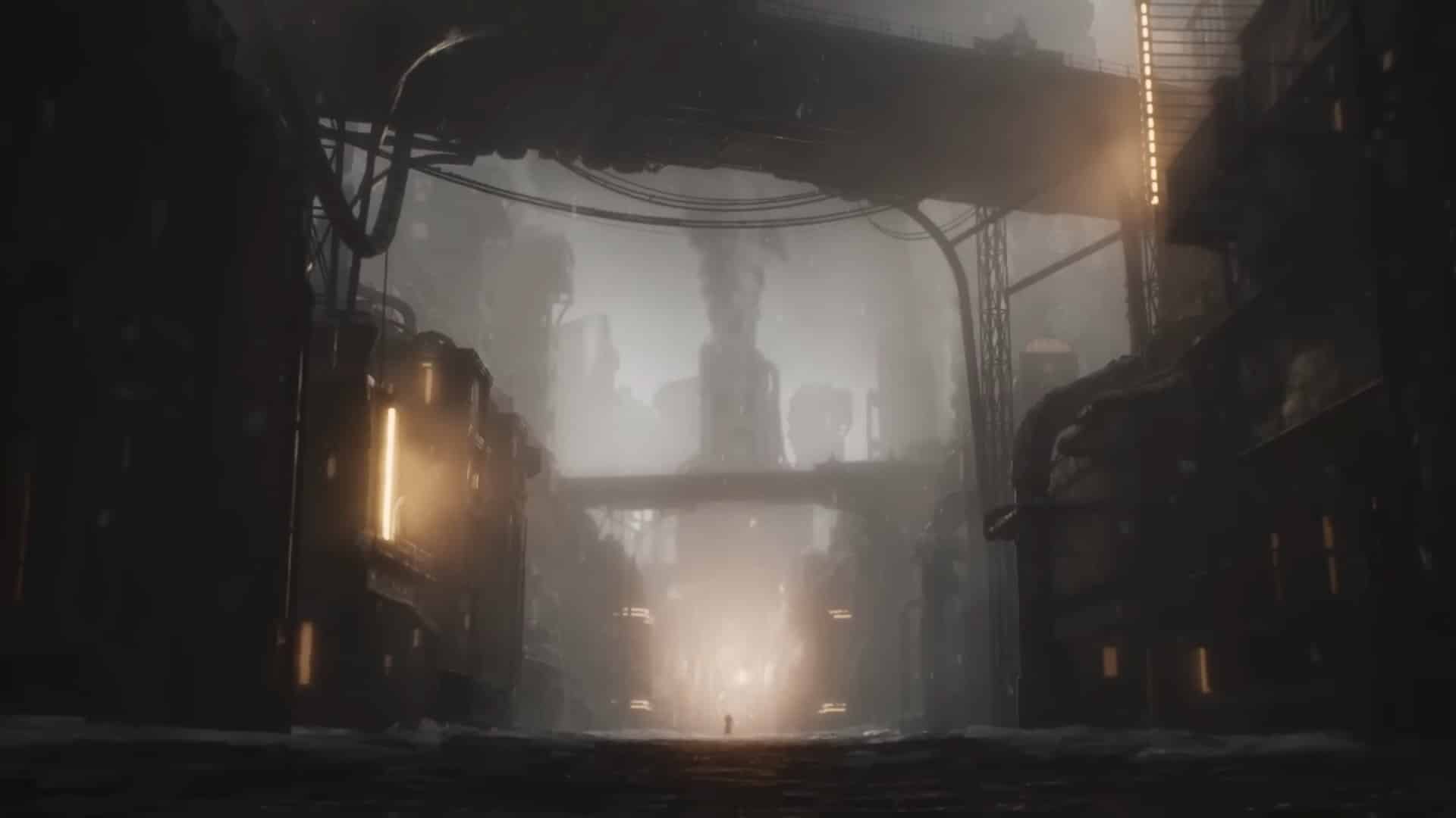 Frostpunk 2 release date: A wide-shot of a foggy New London street.