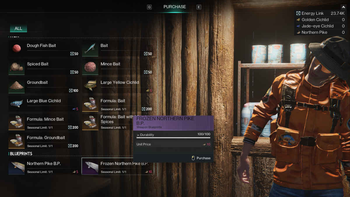 Picture of the frozen northern pike blueprint recipe from a fishing vendor in Once Human.
