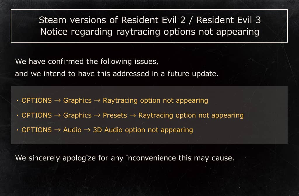 Steam versions of Resident Evil 2 / 3.
Notice regarding raytracing options not appearing

We have confirmed the following issues, and we intend to have this addressed in a future update.