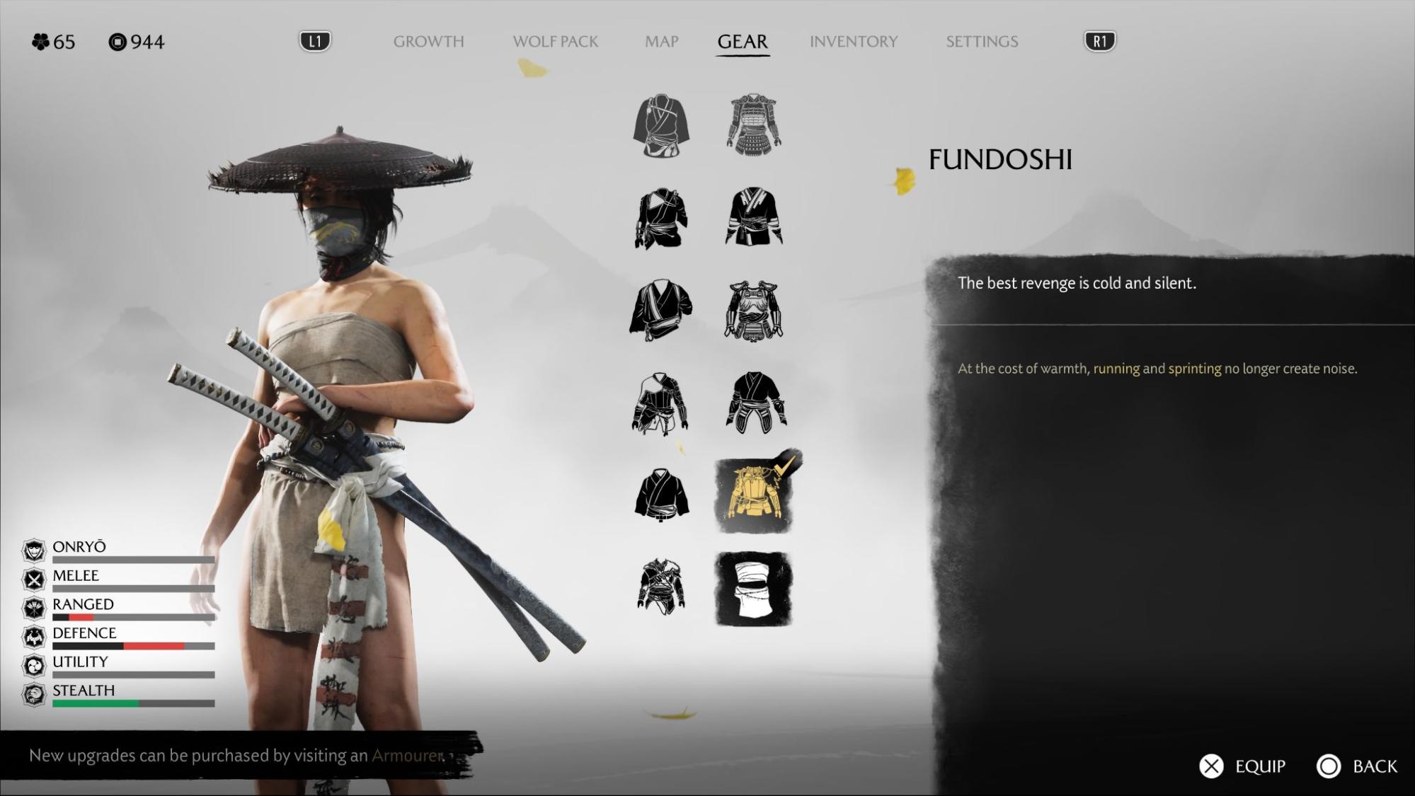 Character wearing the Fundoshi armor for silent movement in Ghost of Yotei