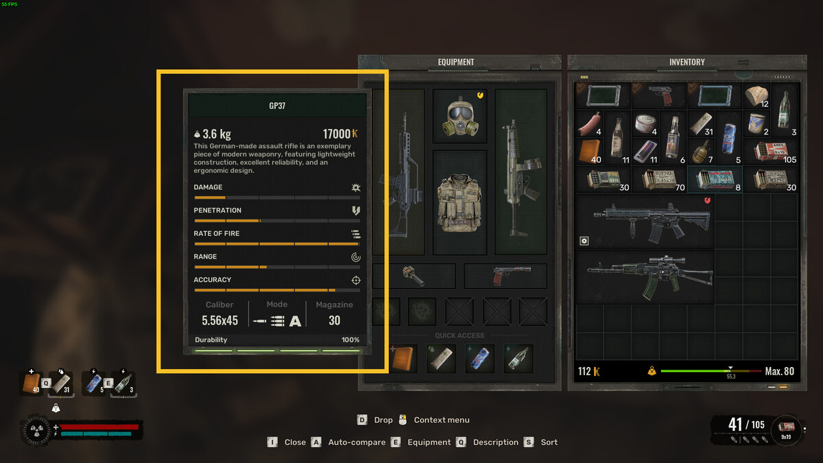 Best early game weapons in Stalker 2: inventory menu.