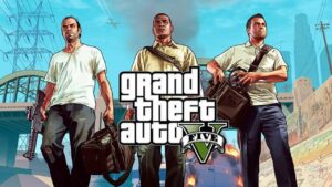 The image shows three characters from the video game "GTA 5" standing in front of the game’s logo with a cityscape in the background, highlighting its availability on platforms like PS Plus.