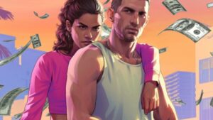 Lucia and Jason from GTA 6 standing in front of falling money