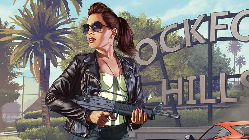 GTA 5 Online loading screen of woman in front of Rockford Hills gate