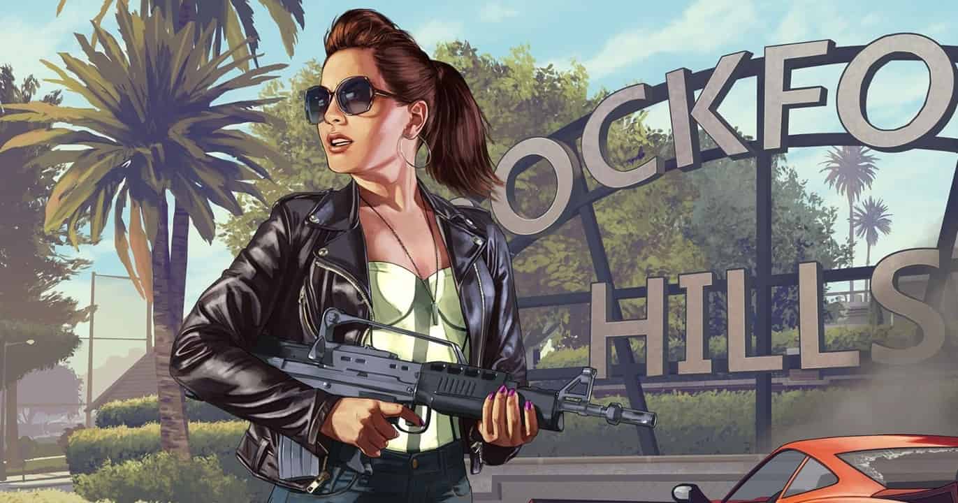 GTA 5 Online loading screen of woman in front of Rockford Hills gate