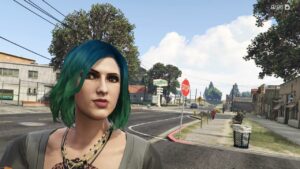 In GTA 5, a woman with green hair is exploring the streets while figuring out how to increase her strength.