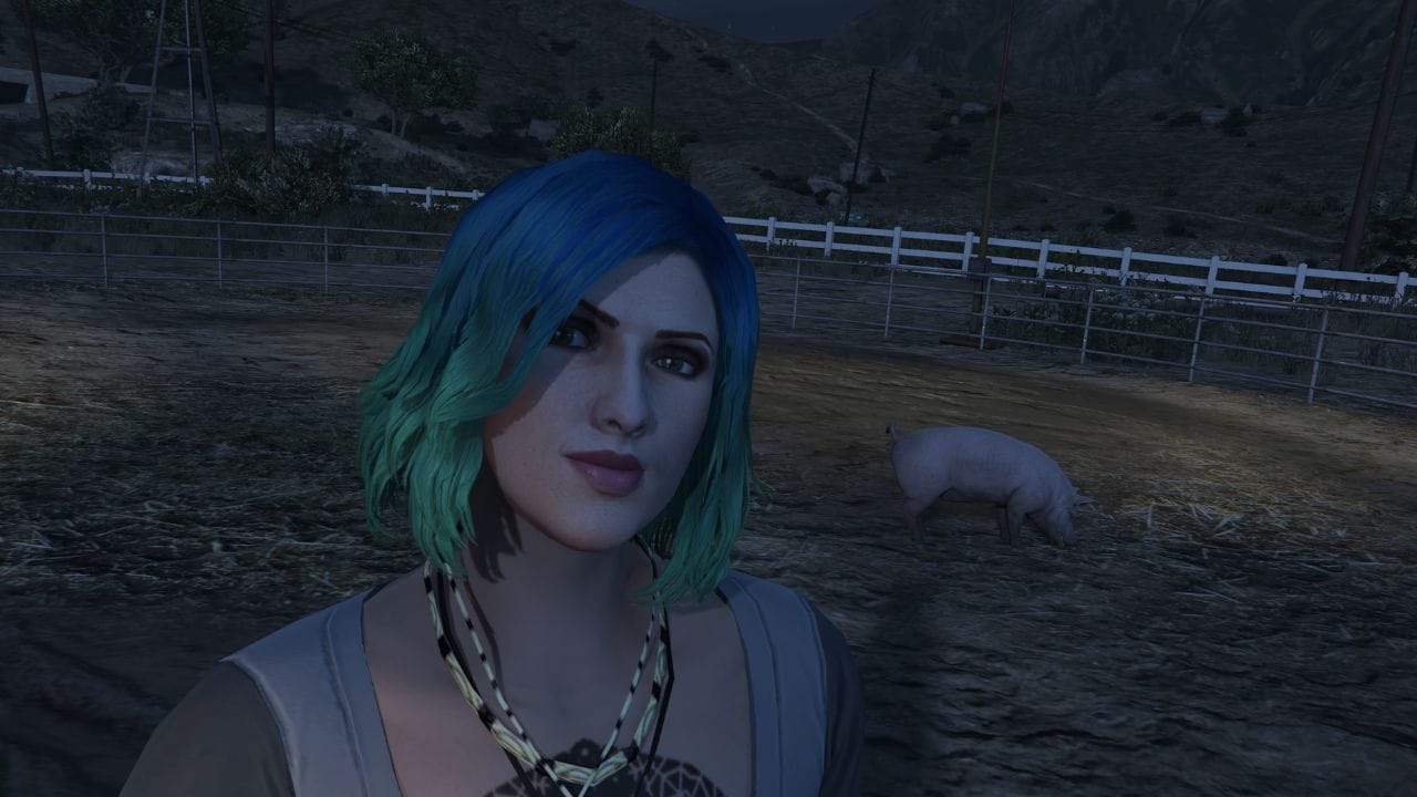 A woman with blue hair standing next to a pig, capturing the perfect photograph.
