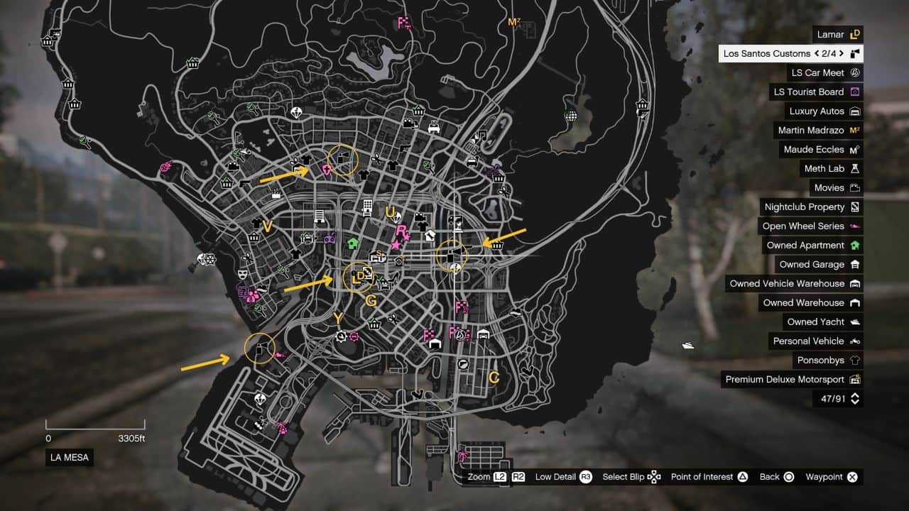 GTA Online sell vehicles: Map showing the location of auto shops in Los Santos