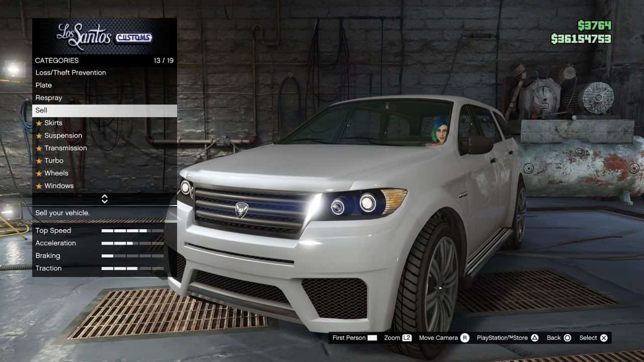 GTA Online sell vehicles: Player in white SUV selling vehicle at Los Santos Customs