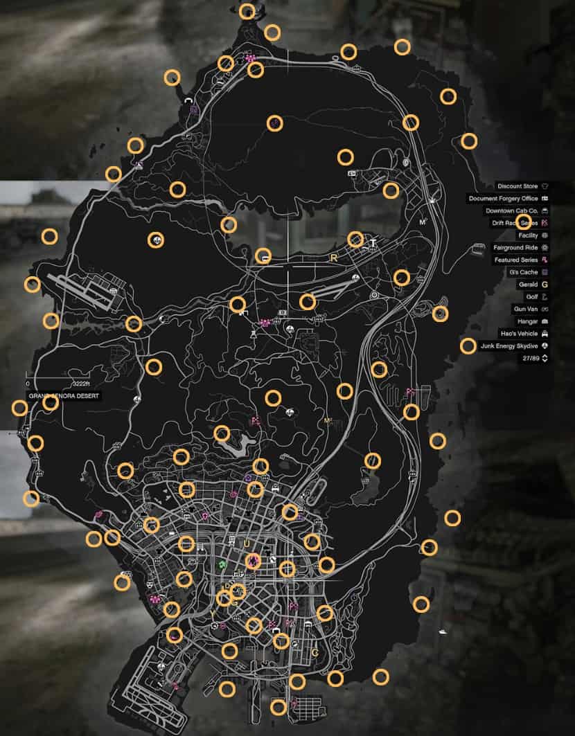 An image of all marked GTA Online peyote plant locations. Image created by VideoGamer.