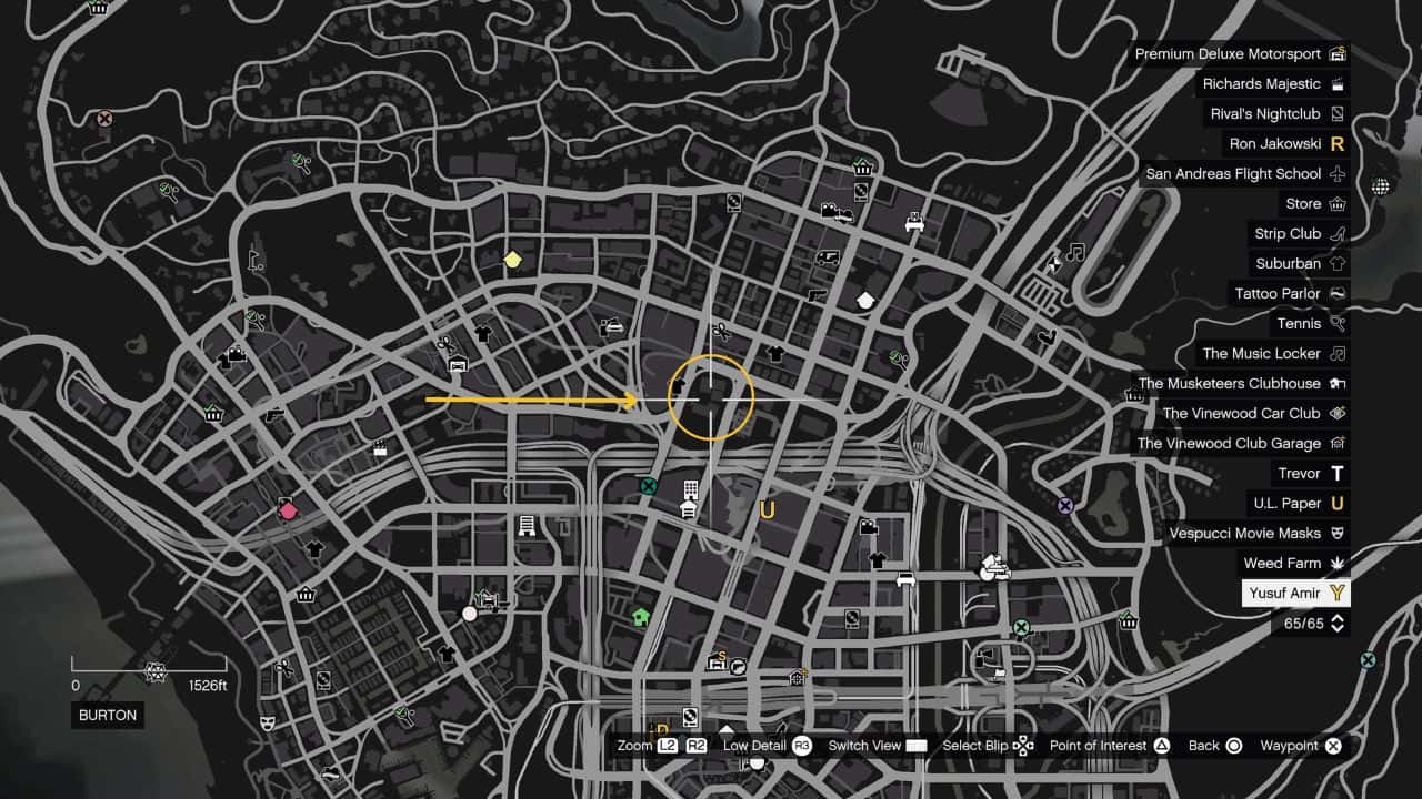 GTA Online Photograph a poodle: Map showing the location of Burton