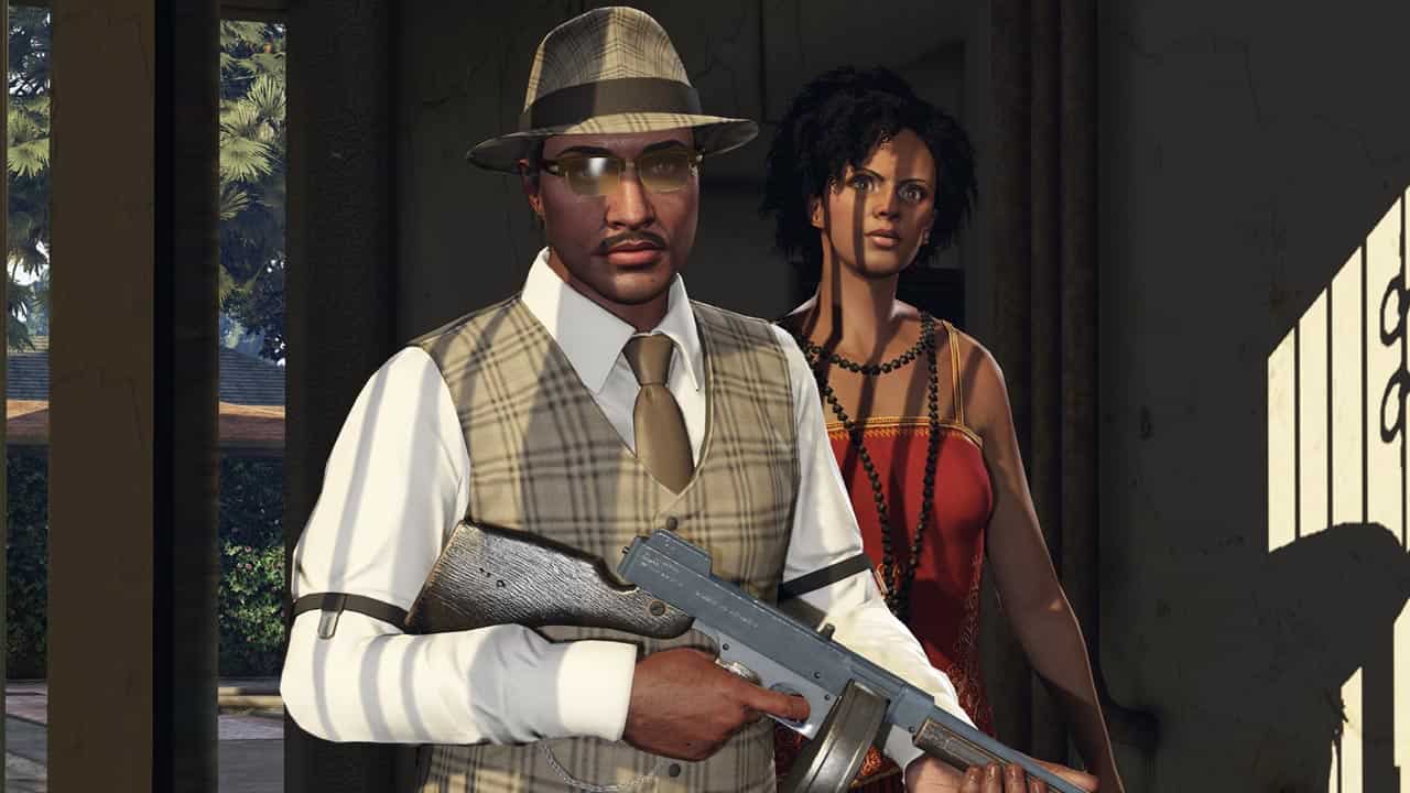 A couple brandishing firearms in Grand Theft Auto 5