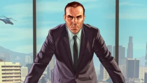 A man in a suit standing in front of a city, reminiscent of the Grand Theft Auto VI trailer.