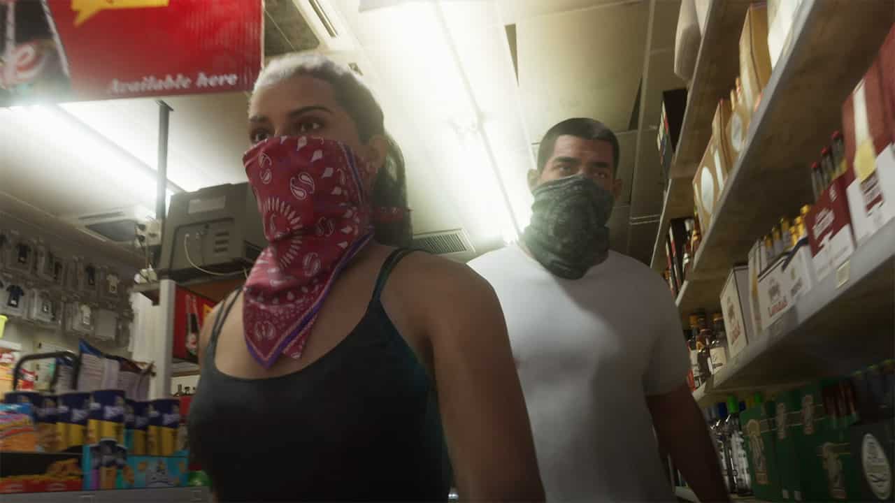 A man and woman, characters from GTA 6, wearing bandanas in a grocery store.