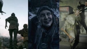 Three images side-by-side: two characters looking out on a ruined landscape, a sinister elderly woman with glowing eyes and black hood, and a creature with a goat head wearing tattered clothes.