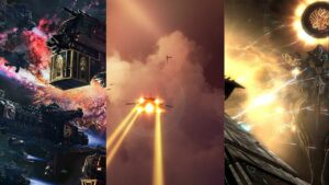 Image collage showing three distinct science fiction scenes reminiscent of games like: a spacecraft in a vibrant nebula, a futuristic aircraft soaring through the clouds, and a towering figure adorned with glowing, mystical symbols.