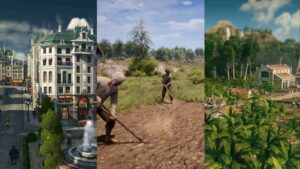 Three-part split image showcasing city buildings (left), people farming (center), and a rural landscape with farm buildings (right).