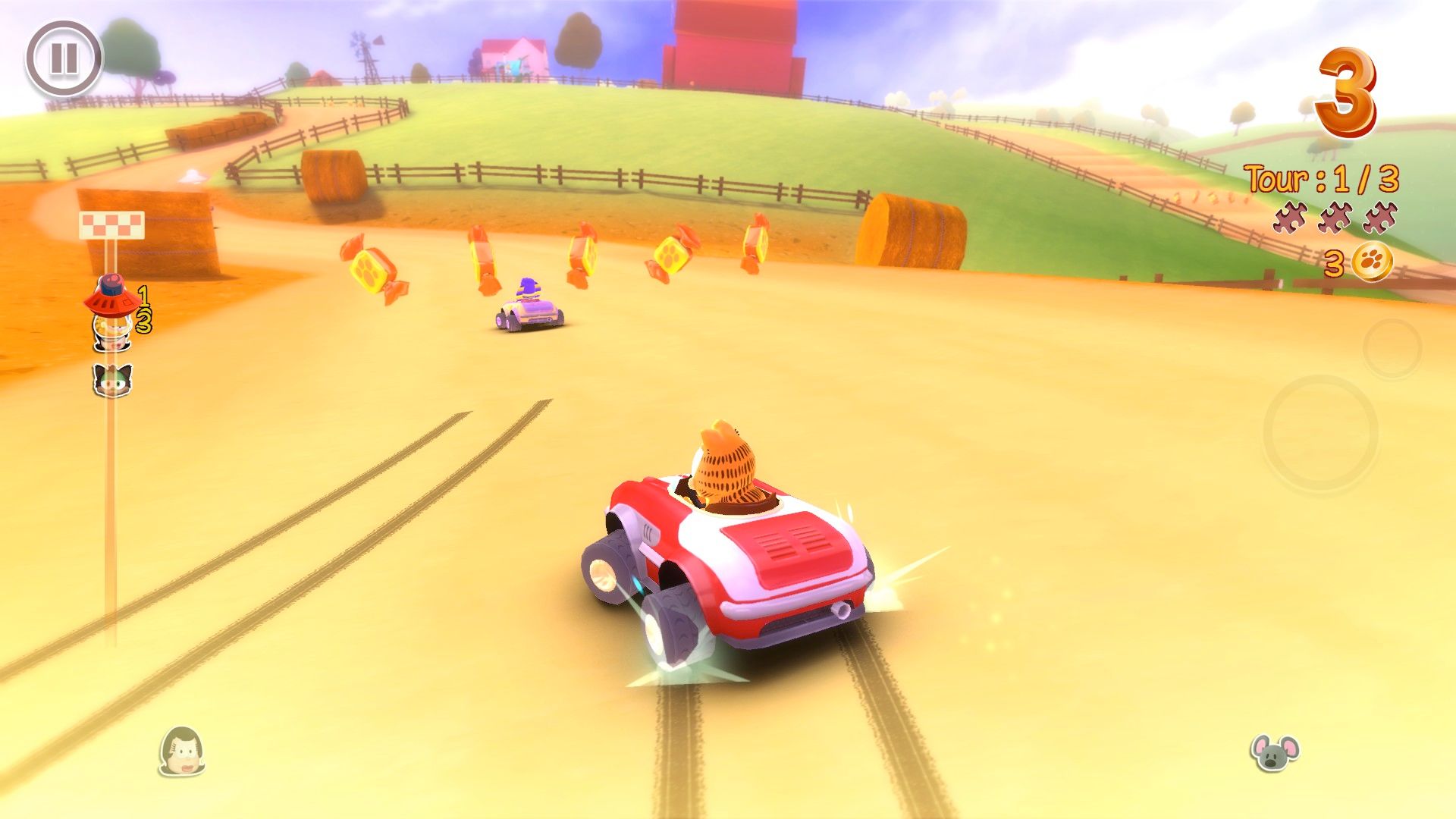 Garfield drives a red kart on a sunny farm track in Garfield Kart