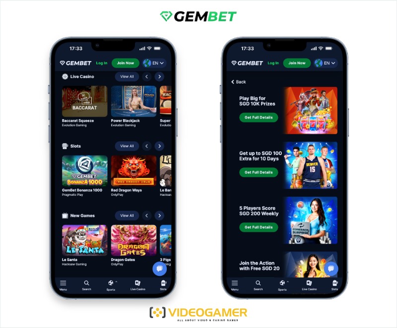 A screenshot of Gembet Casino games, including a smartphone depicting live casinos games and slots, plus a second screen showing current promotions.