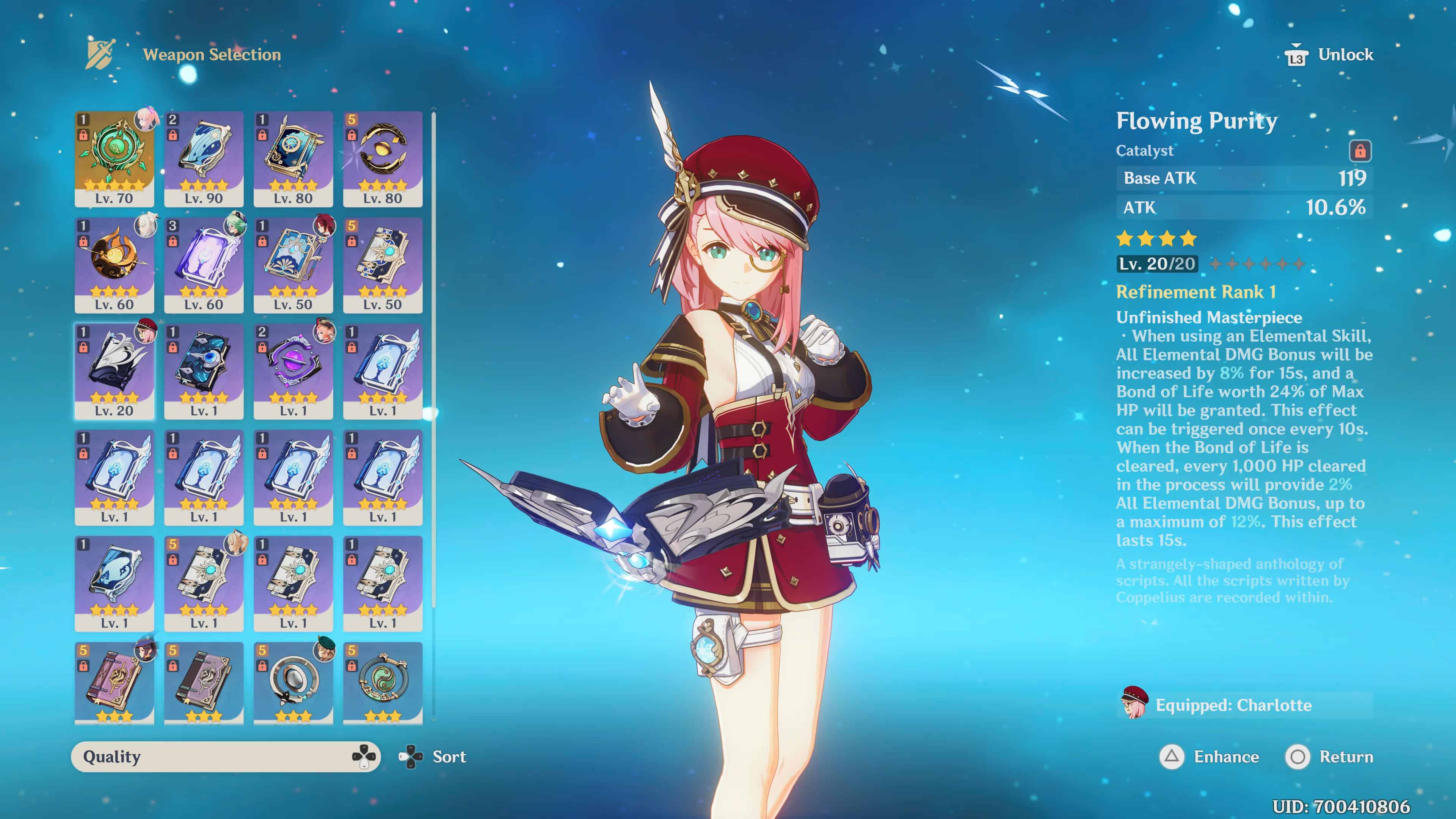 Genshin Impact: Image shows Charlotte holding a weapon in the menu