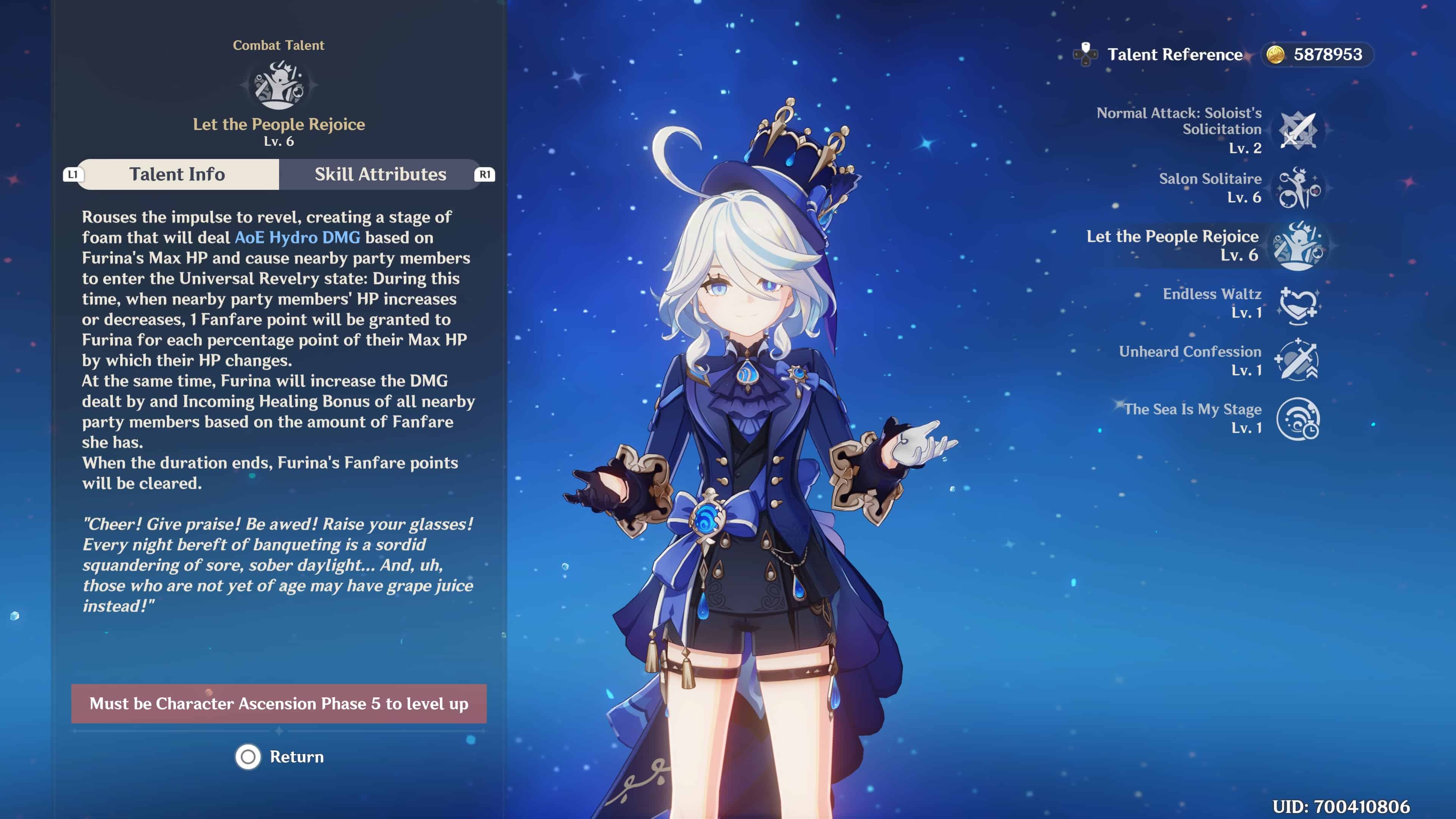 Screenshot of Furina in Genshin Impact showing Talent screen
