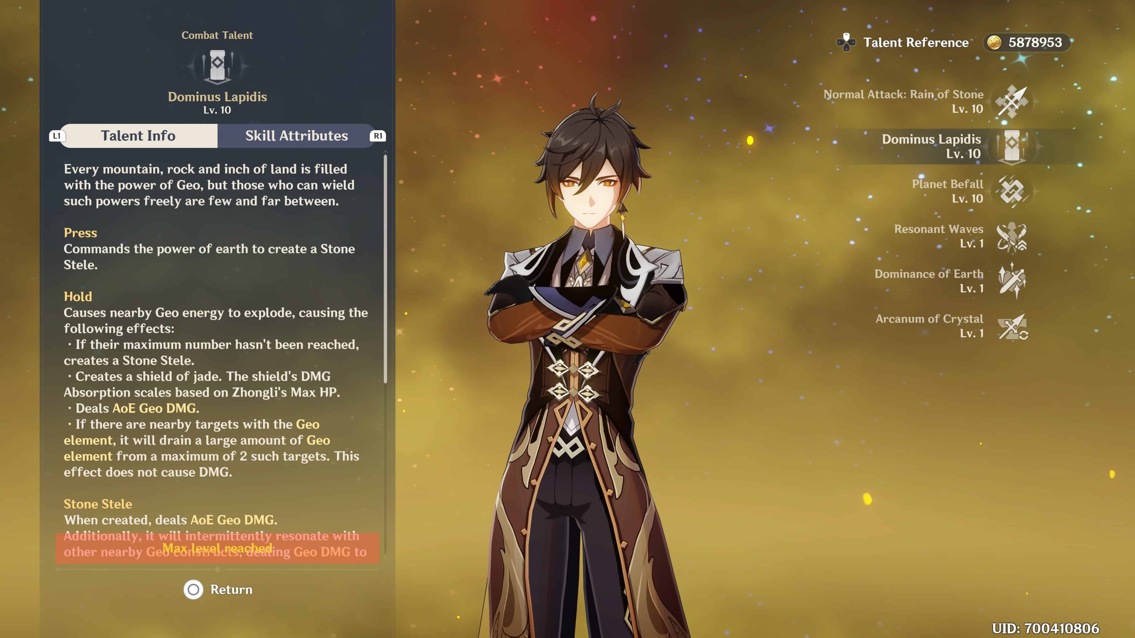 Genshin Impact talents to crown - image shows Zhongli in the character screen