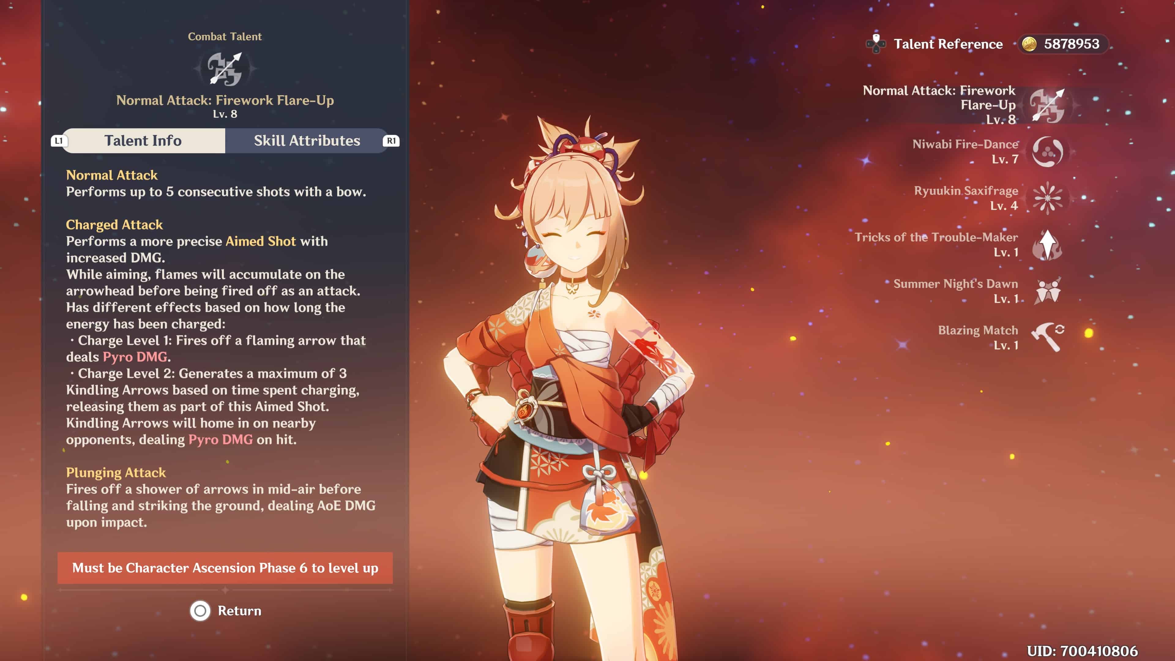 Genshin Impact screenshot shows Yoimiya in the Talent screen.