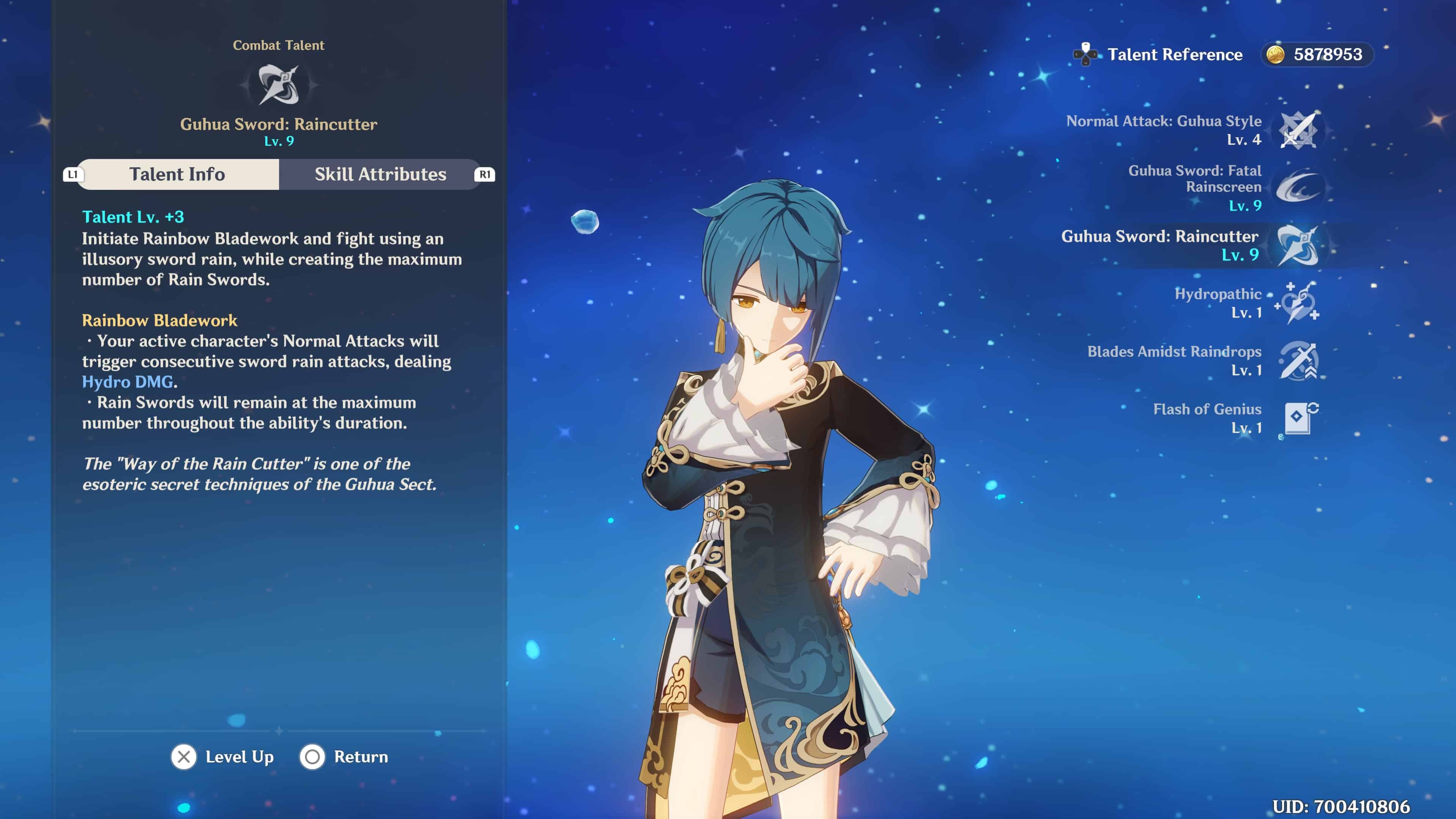 Genshin Impact screenshot shows Xingqiu in the Talent screen.