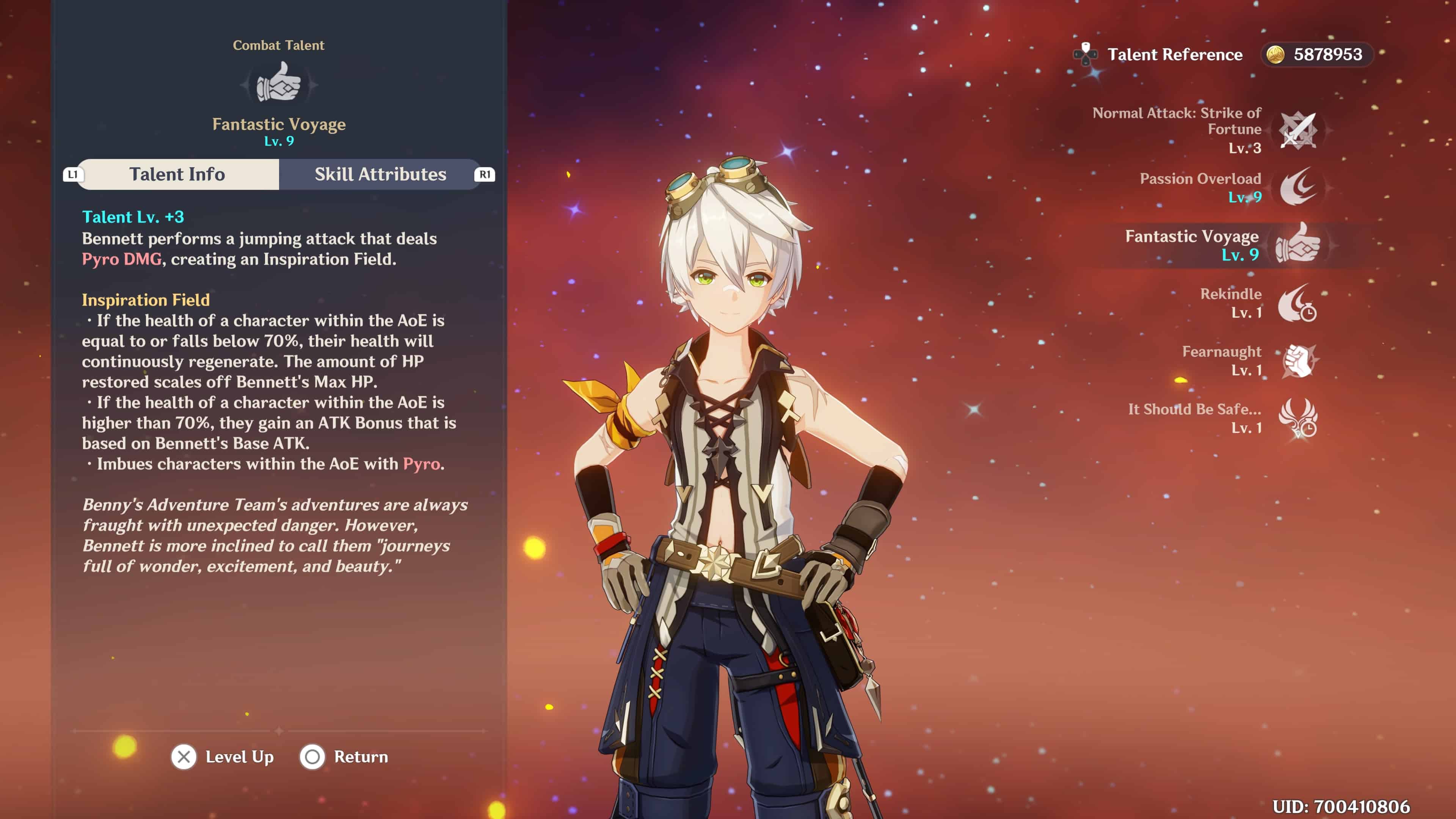 Genshin Impact screenshot shows Bennett in the Talent screen.