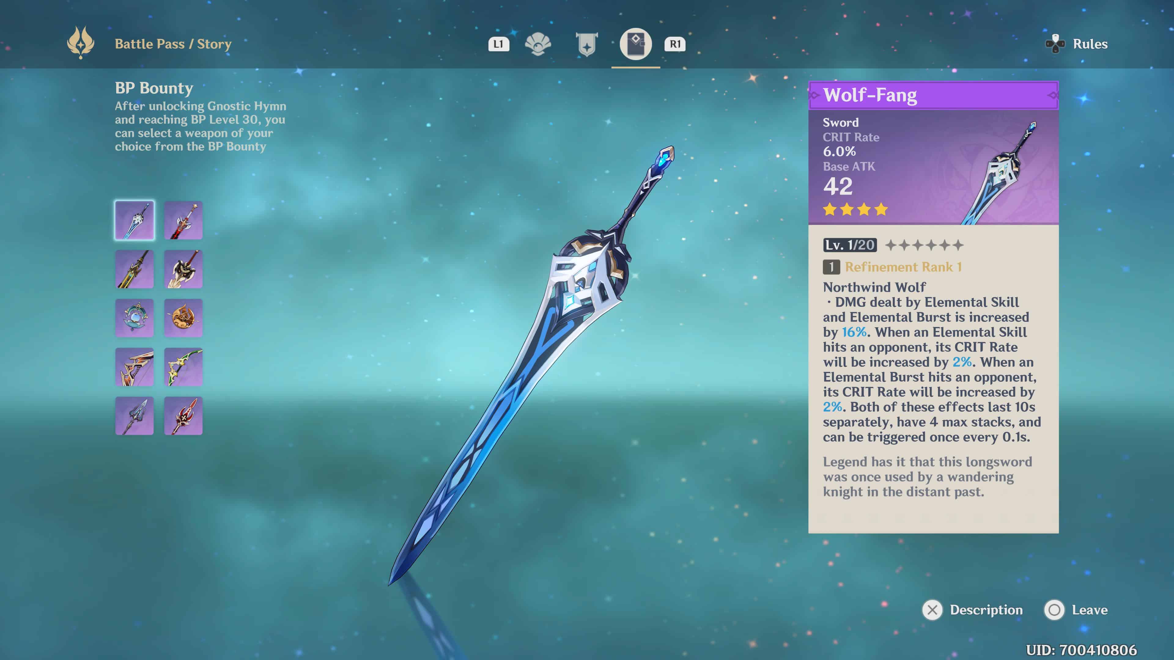 A screenshot of one of the best battle pass weapons in Genshin Impact: the Wolf-Fang