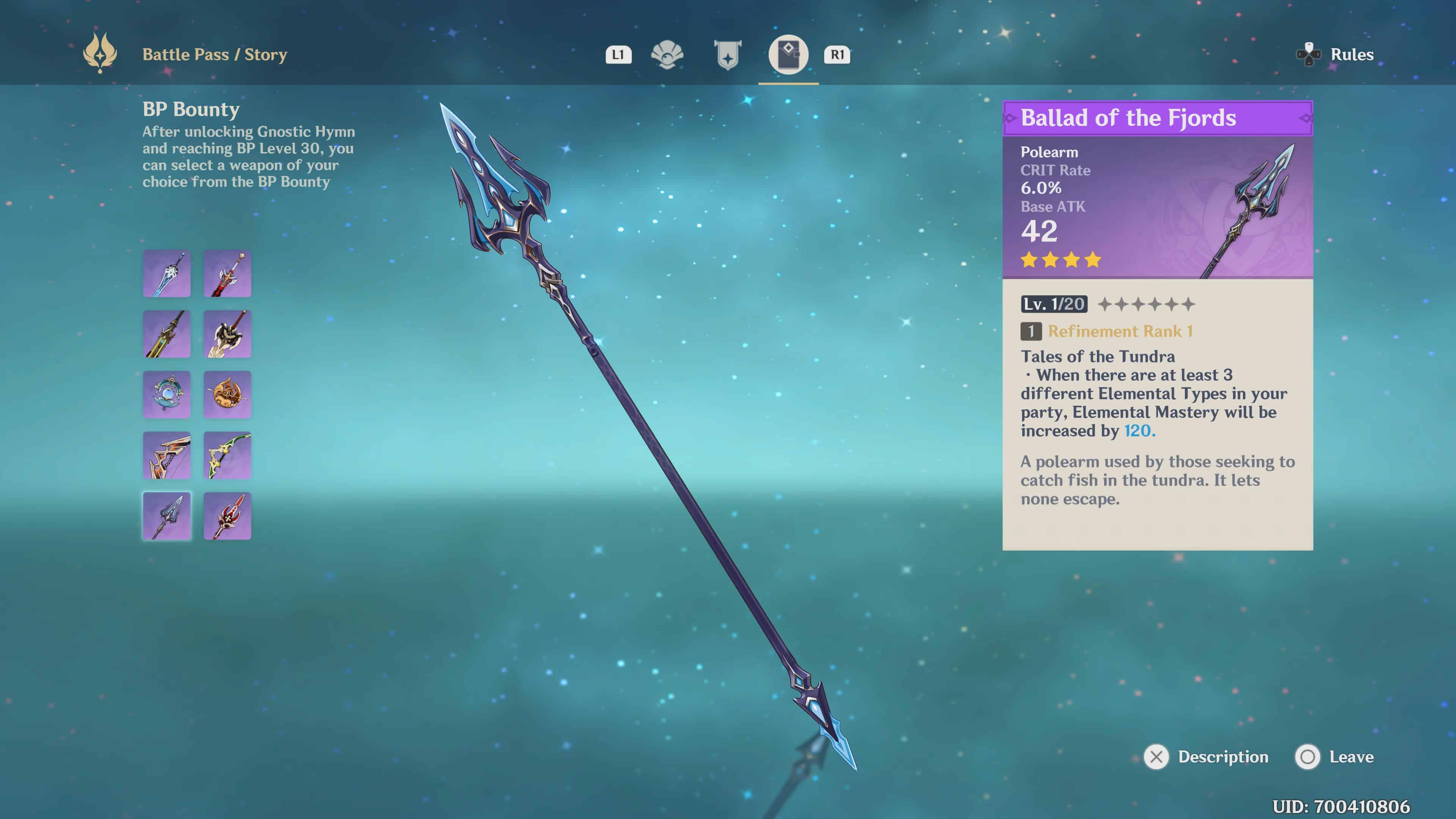 A screenshot of the best battle pass weapons - Ballad of Fjords in Genshin Impact.