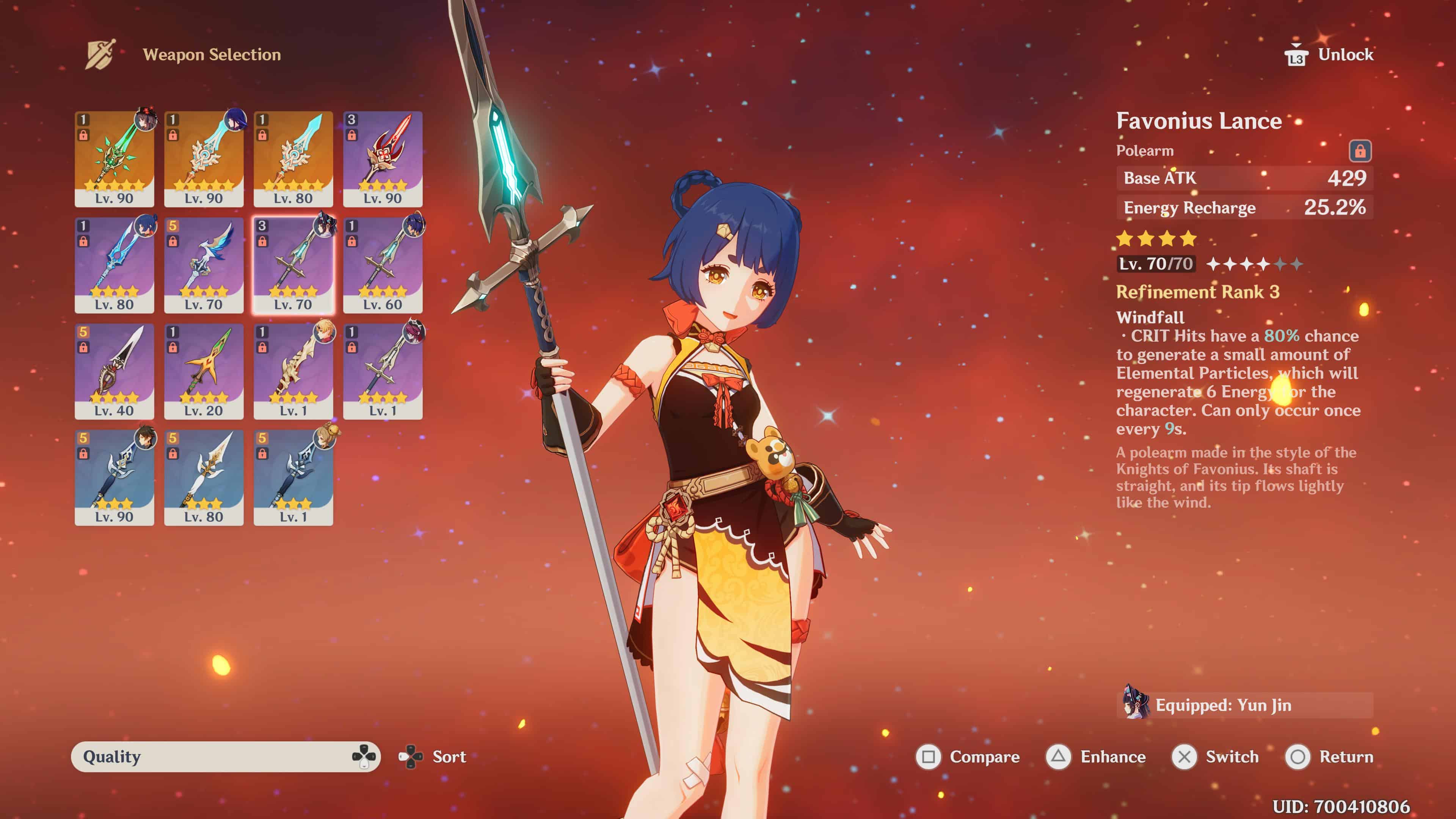 Genshin Impact best weapons for Xiangling shows her holding the Favonius Lance