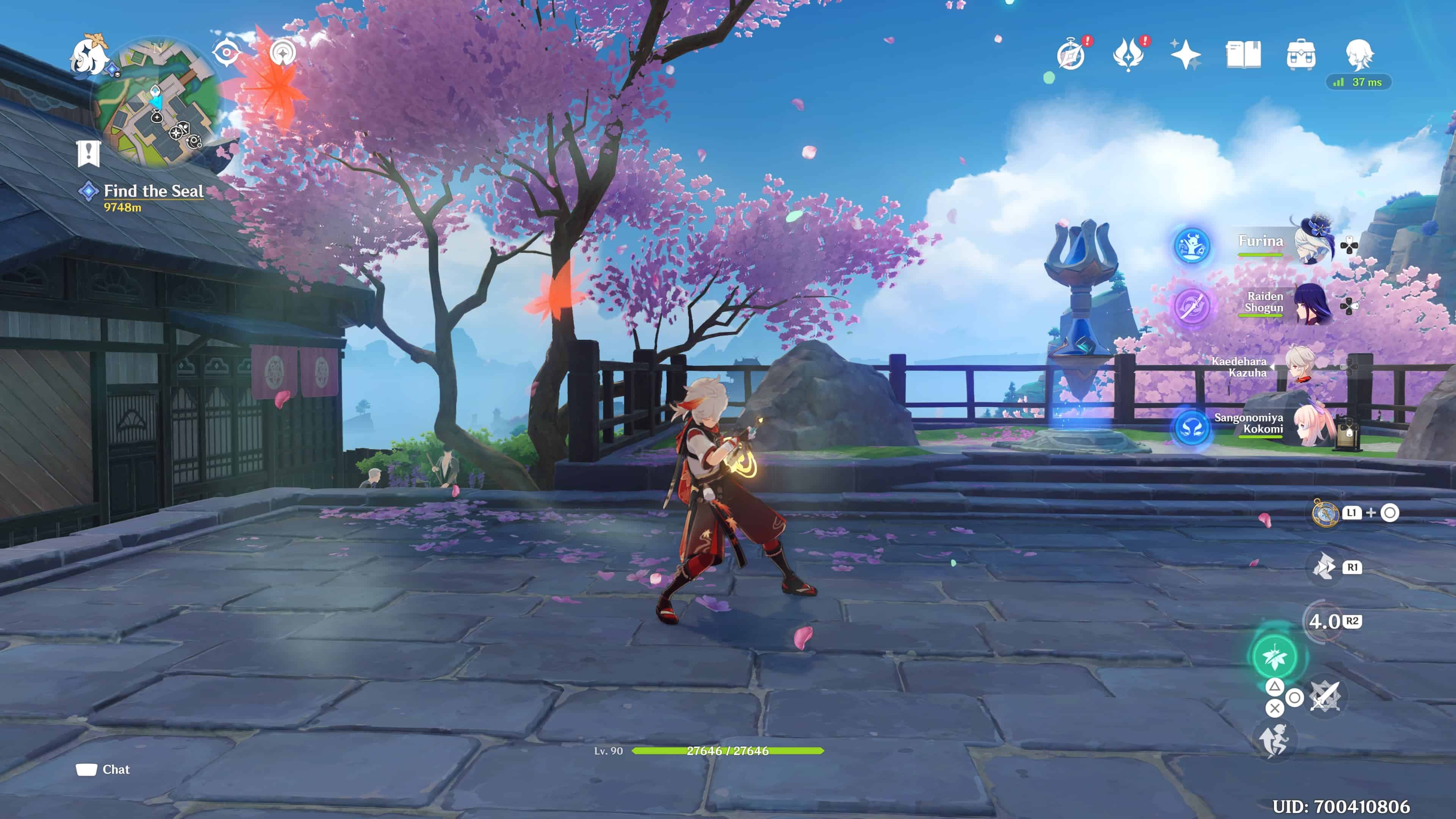 A screenshot showcasing the character Kazuha wielding his best weapons in Genshin Impact.